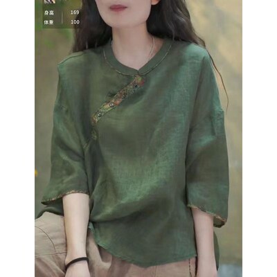 国风文艺优雅七分袖圆领衬衫女2025夏季新款端庄大气宽松百搭上衣