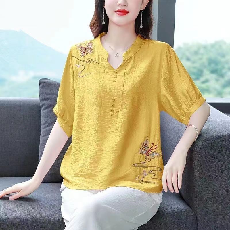 2025女装夏季新款中年妈妈上衣短袖衬衫时尚大码棉麻绣花百搭上衣