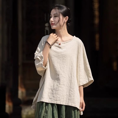 古盘扣棉麻短袖T恤女茶服上衣