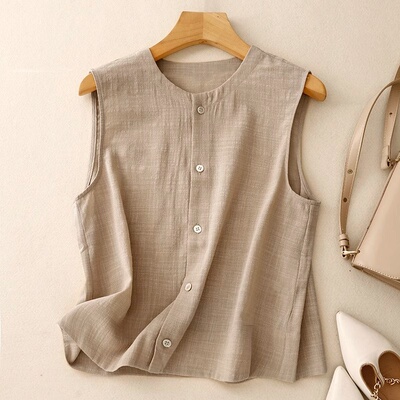 出口高端大牌清仓尾货夏季新款棉麻洋气百搭减龄无袖宽松衬衫马甲