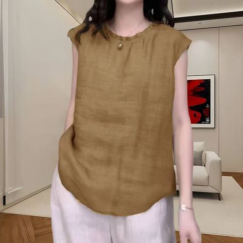 夏季大码宽松纯色木耳边圆领无袖上衣麻料T恤休闲背心文艺小衫女