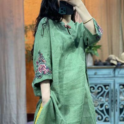 文艺复古民族风裙子女夏2025新款宽松大码刺绣棉麻裙子民族服装