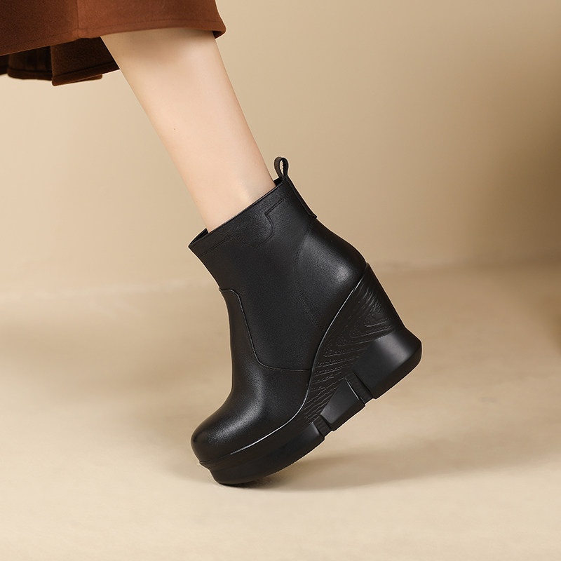 真皮厚底坡跟短靴女及踝靴舒适百搭防水台高跟牛皮靴冬加绒时装靴