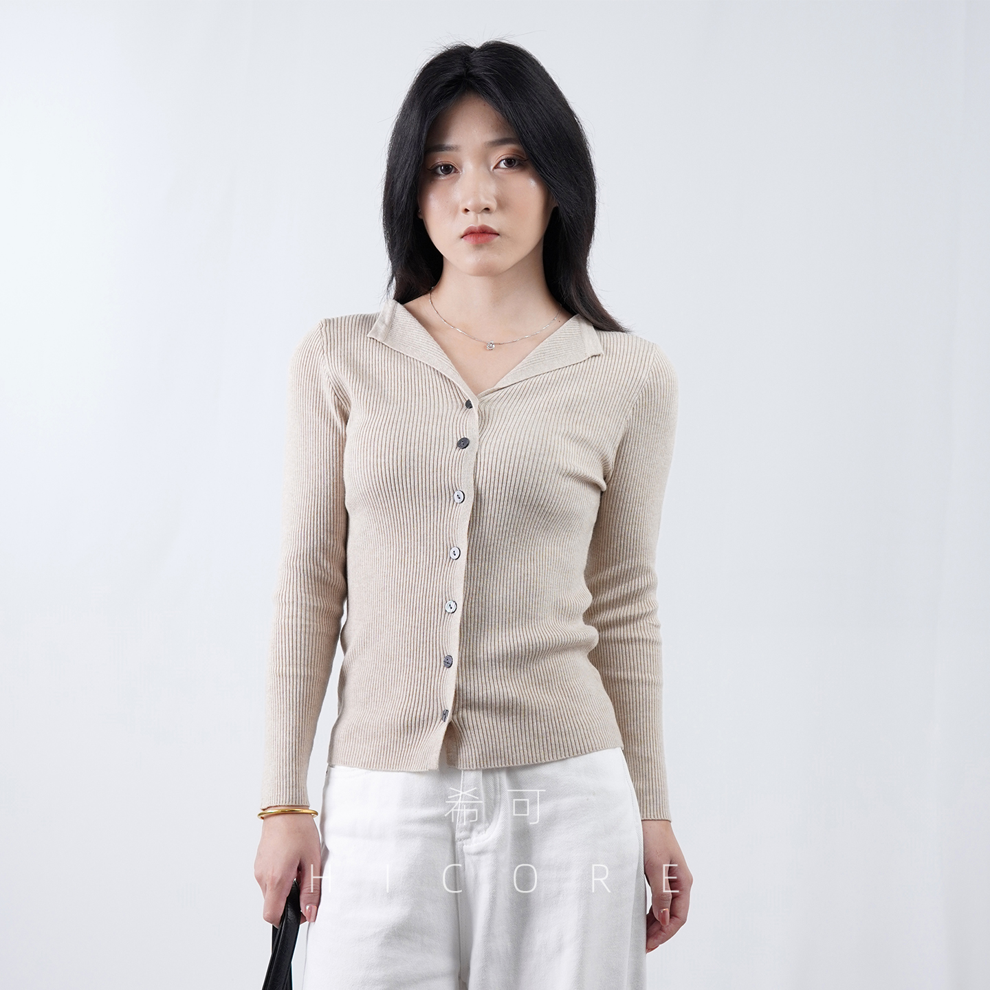 燕麦色长袖针织开衫女显瘦外套冬