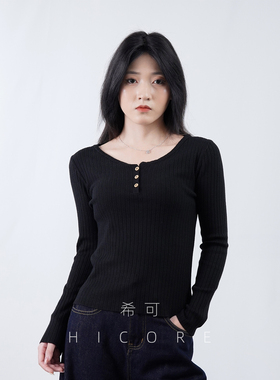 黑色方领纽扣针织长袖t恤女2025秋冬新款设计感短款内搭打底上衣