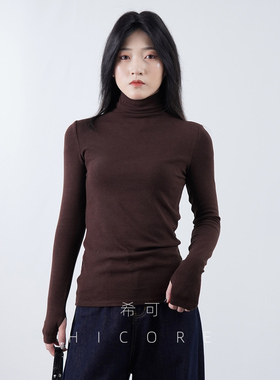 咖色秋冬高级感高领长袖t恤女新款修身显瘦针织打底衫内搭上衣