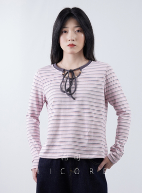 韩系条纹系带圆领长袖t恤女春秋新款宽松慵懒显瘦内搭打底衫上衣