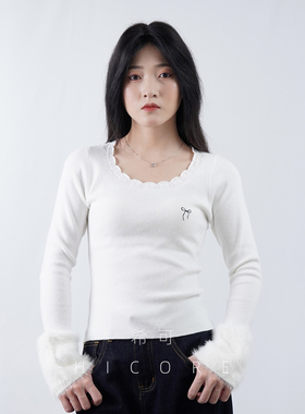 法式气质白色花边领针织衫女秋冬氛围感小众设计高级感打底衫上衣