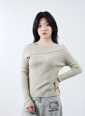 卡其色一字肩长袖针织衫女2025春秋新款设计感小众修身显瘦上衣冬