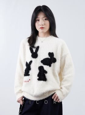 可爱兔子水貂毛圆领针织衫毛衣女秋冬新款软糯防寒保暖慵懒感上衣