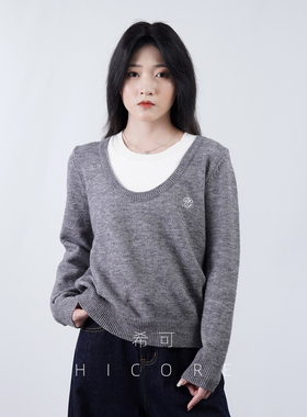 假两件v领针织衫女2025秋季宽松学院风长袖内搭打底衫毛衣上衣春