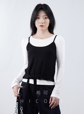 两件套内搭打底衫女早秋新款修身显瘦短款背心学院风长袖t恤上衣
