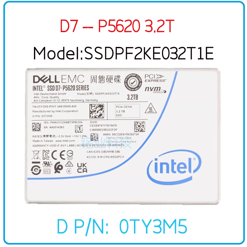 Intel戴尔P5620 3.2T 2.5 U.2 4.0 固态硬盘SSDPF2KE032T1E TY3M5