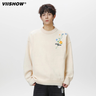 VIISHOW花卉刺绣圆领针织衫毛衣男内搭上衣痞帅加厚情侣休闲外套