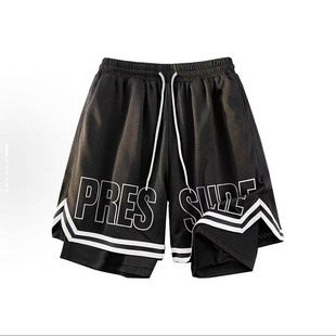 PRESSURE假两件美式 男 复古撞色拼接街头直筒透气网眼宽松运动短裤