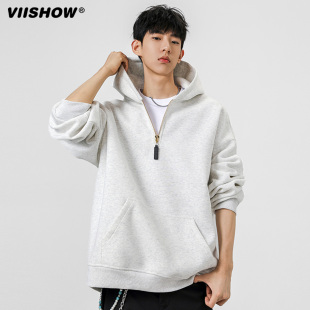 VIISHOW潮牌美式 重磅半拉链套头连帽卫衣男复古宽松情侣百搭帽衫