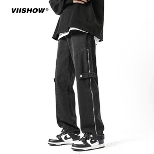 VIISHOW美式高街休闲牛仔裤子男士春秋季侧边拉链宽松百搭阔腿裤
