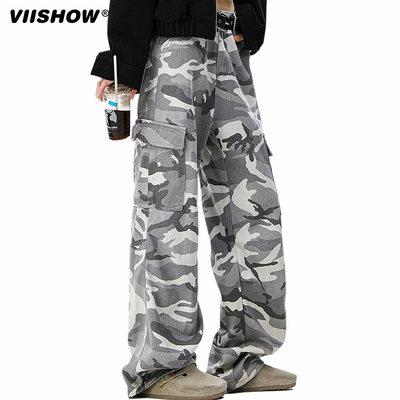 VIISHOW美式高街工装迷彩裤男潮牌hiphop复古硬挺阔腿休闲裤子