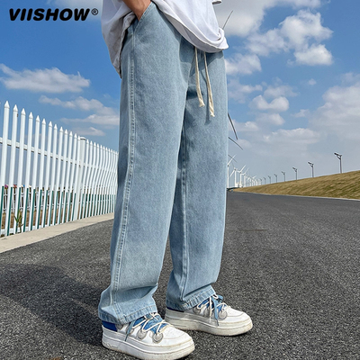 VIISHOW高腰窄版阔腿裤牛仔裤男夏季2025年新款宽松拖地直筒裤子