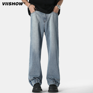 VIISHOW反方向倒装牛仔裤男美式宽松复古水洗微喇裤潮牌阔腿长裤