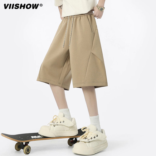 VIISHOW美式褶皱直筒短裤男款夏季新款宽松潮牌速干五分工装裤子