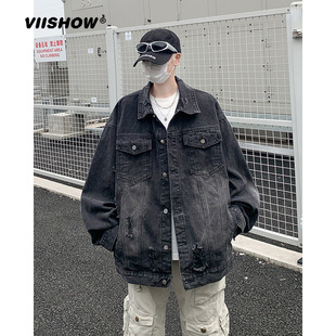 VIISHOW潮牌短款牛仔外套男美式工装宽松复古水洗破洞重磅夹克男