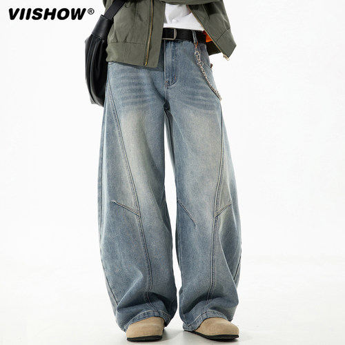VIISHOW美式弯刀牛仔裤男秋季水洗复古工装阔腿长裤潮牌做旧裤子