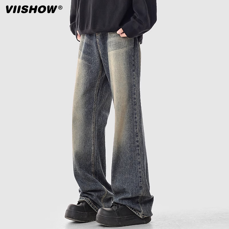 VIISHOW美式高街复古蓝牛仔裤男款四季阔腿宽松直筒微喇长裤子