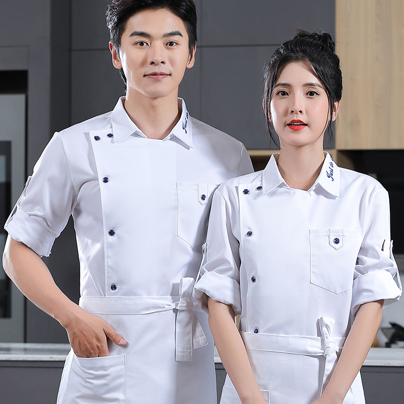 高档纯棉厨师服长袖男透气餐饮酒楼饭店烘培厨房工作服短袖衬衫领