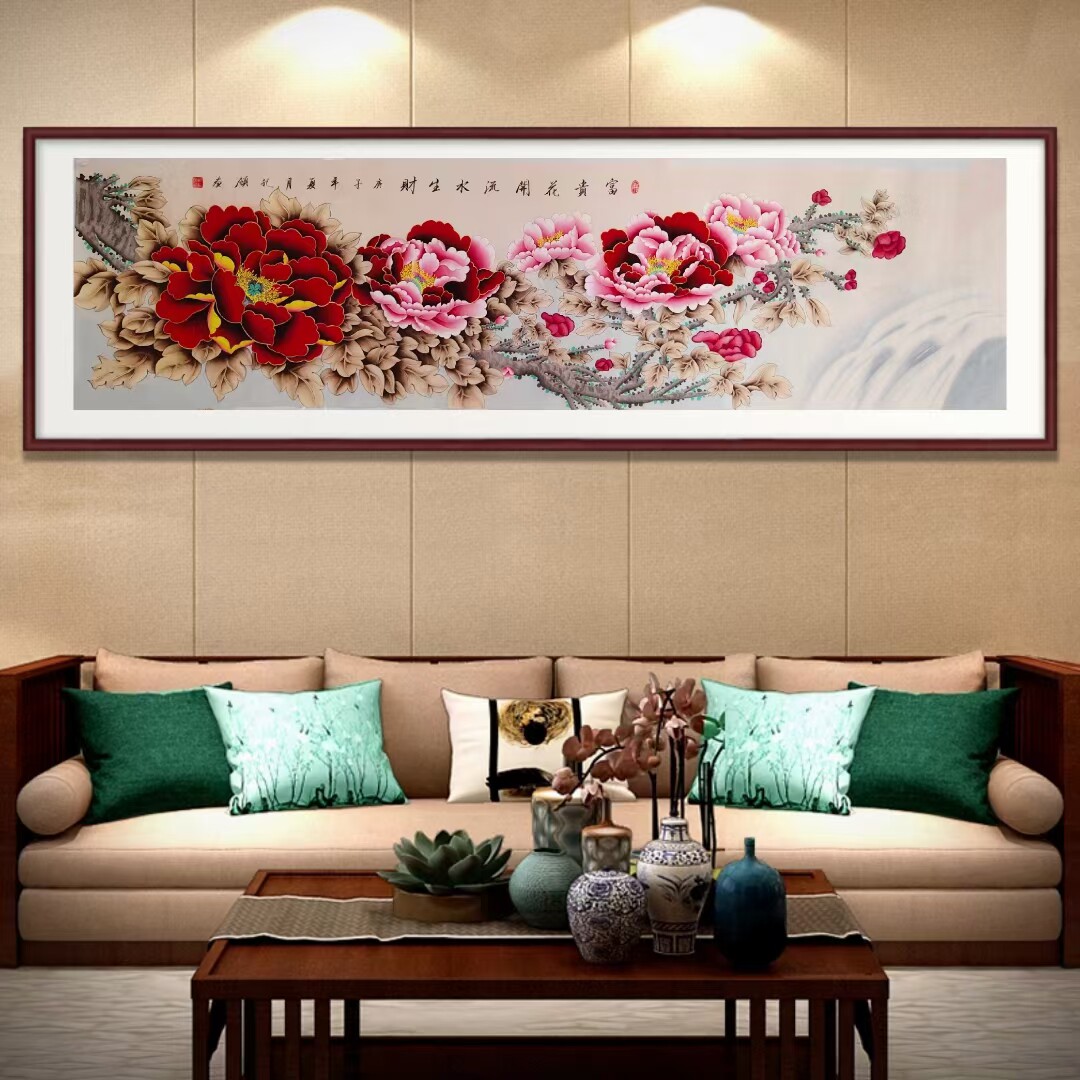 精品纯手绘八尺对开国画牡丹富贵花开办公室客厅收藏装饰画字画挂