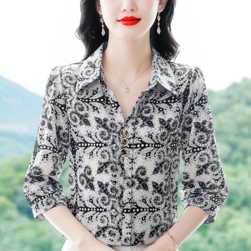 高档真丝衬衫女七分袖夏季装新款妈妈印花小衫减龄桑蚕丝气质上衣