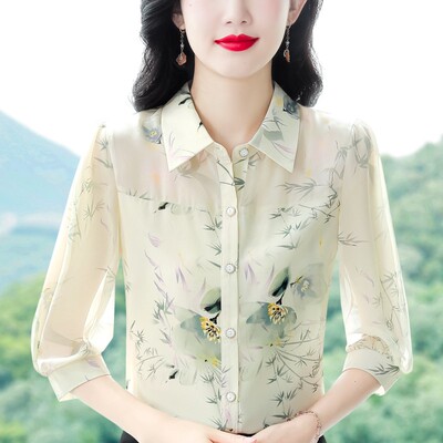 真丝衬衫女士夏七分袖桑蚕丝上衣