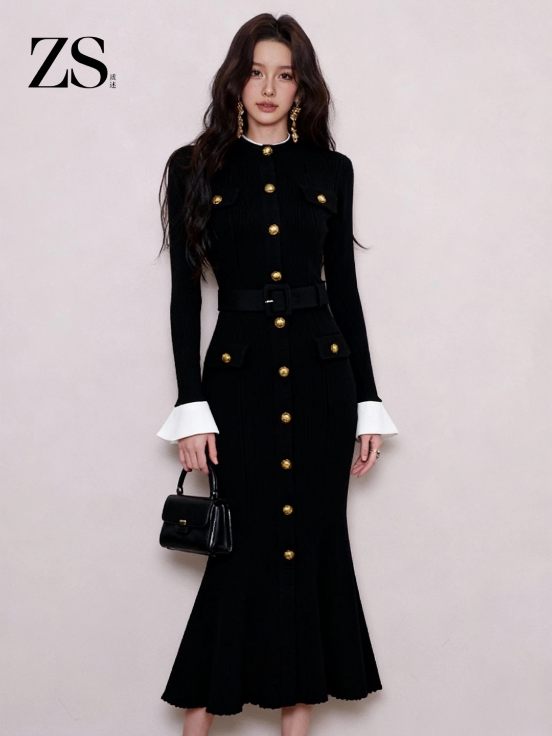 黑色圆领千金风修身弹力针织裙子2025新款鱼尾长款连衣裙礼服裙