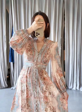 Z家 轻奢高定民族风淡雅亚麻印花V领高腰显瘦长袖连衣裙