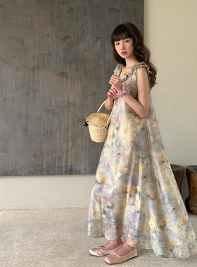 诠释美 NEWOPEN 2024夏老钱风宽松遮肉无袖油画碎花连衣裙女S0900