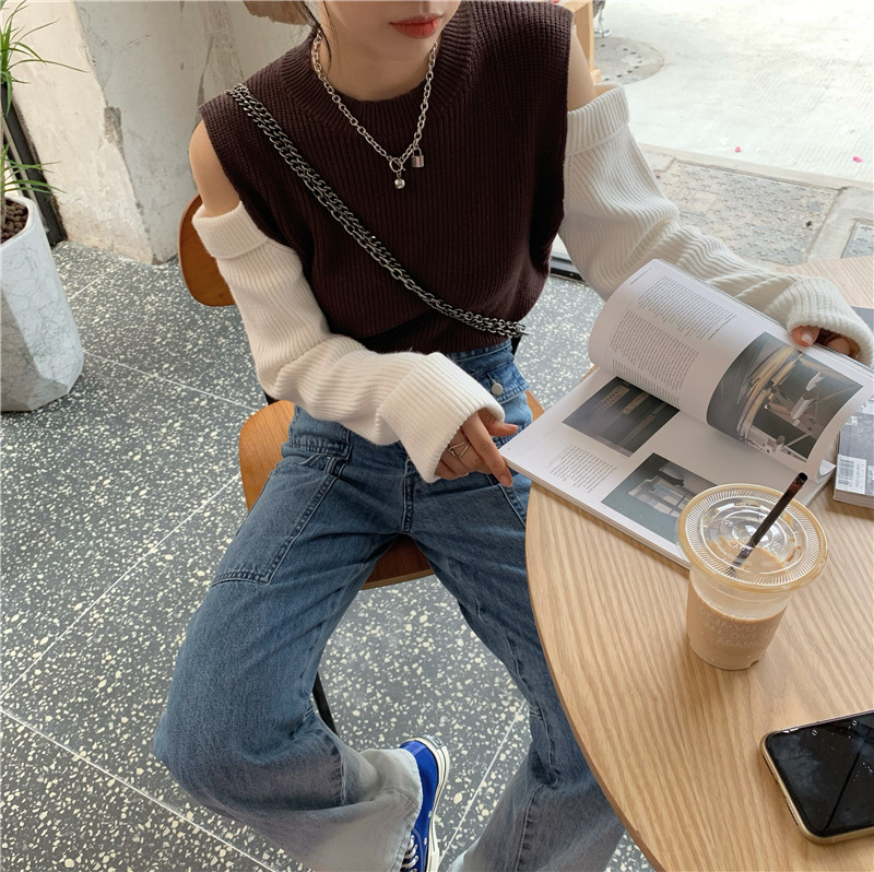 Real shot! Real price! Open shoulder contrast long sleeve sweater