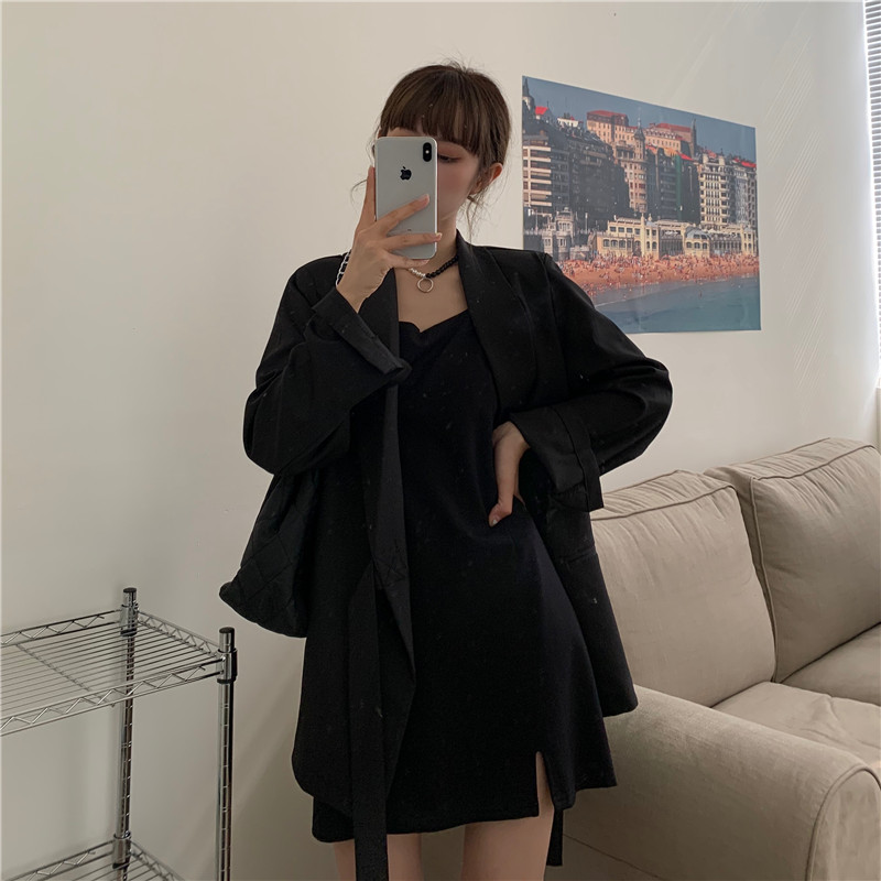 Real shot! Real price! Retro girl's split sling + casual kimono loose bandage thin suit coat