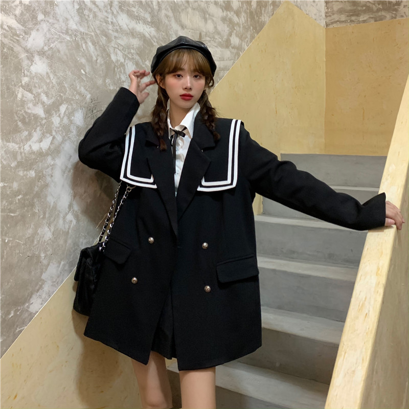 Real price! Ghost horse girl big Lapel contrast Navy double breasted suit coat