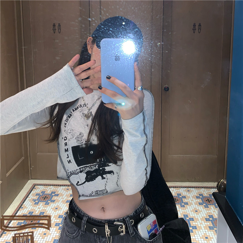 Korean early autumn punk irregular printing fashion niche versatile top