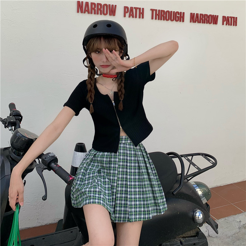 Real shot! Real price! Korean summer Guima girl's simple pleated Plaid Skirt Set