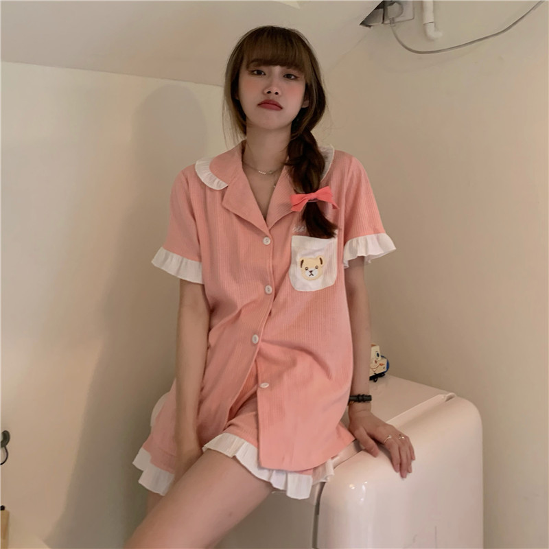 Real shot! Real price! Korean version summer cute bear embroidered housewear loose casual pajamas suit