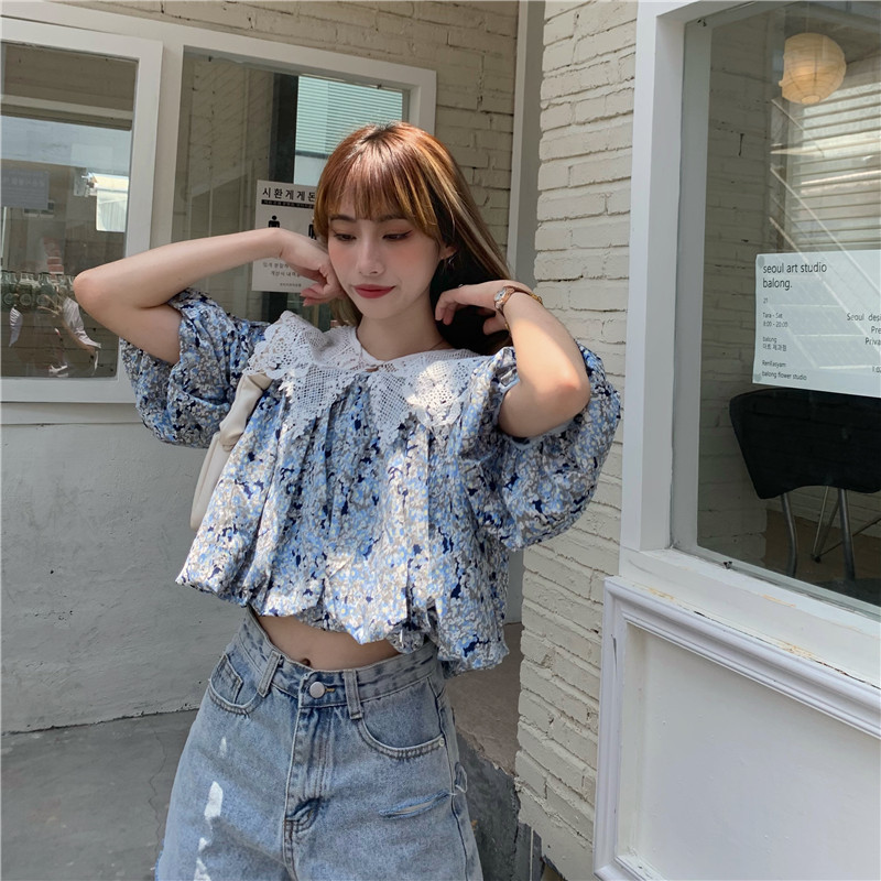 Real shot! Real price! Korean summer versatile Chiffon Ruffle air Floral Top