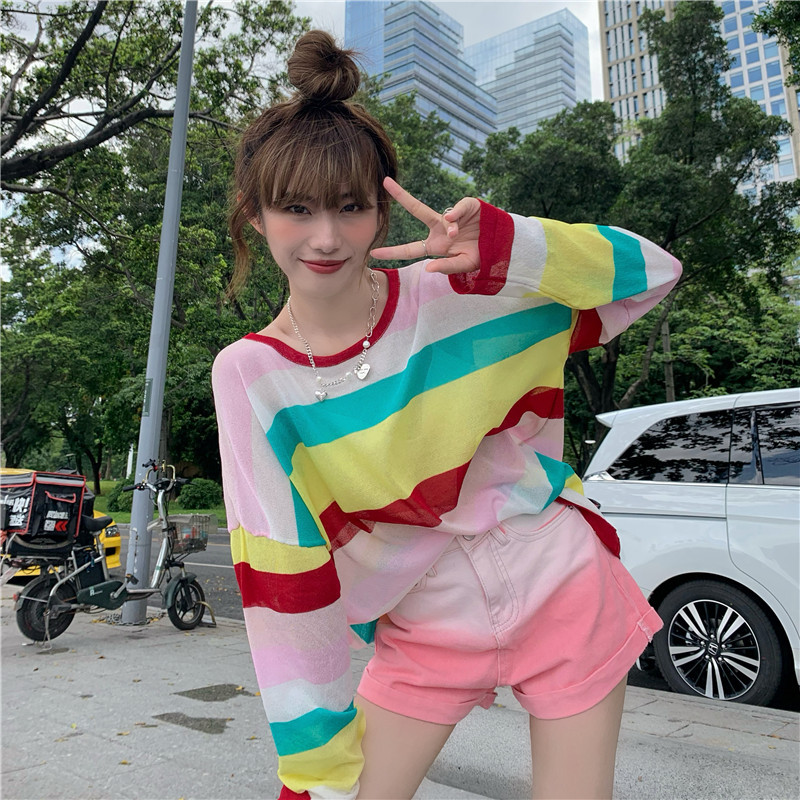 Real shot! Real price! Korean summer Rainbow Stripe thin sunscreen T-shirt