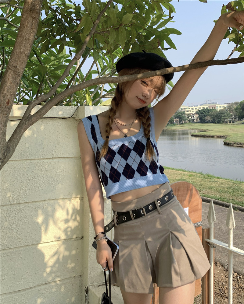 Real shot! Real price! Korean summer new niche diamond Plaid sleeveless vest