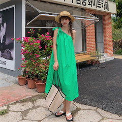 Real shot! Real price! Korean summer vacation style loose lace up diagonal shoulder dress