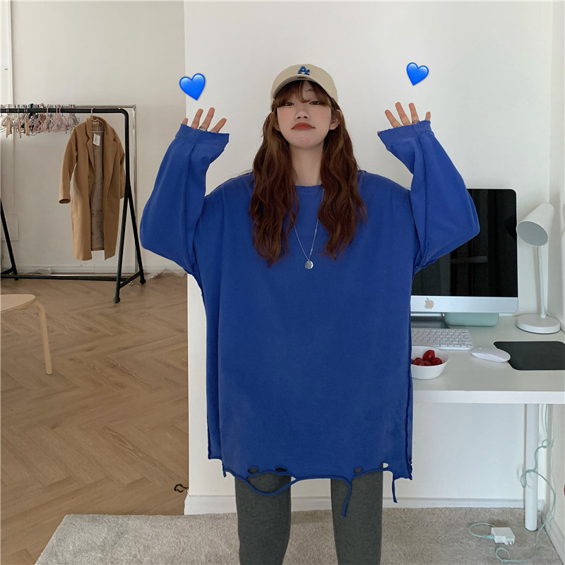 ! Real price! Korean autumn and winter versatile broken hole commuting long sleeve T-shirt