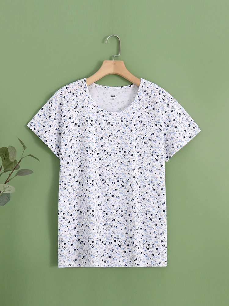 AB 속옷 프린트 라운드 넥 반팔면 스웨트 셔츠 중년 및 노년층 엄마를위한 느슨한 대형 잠옷 여성용 U812