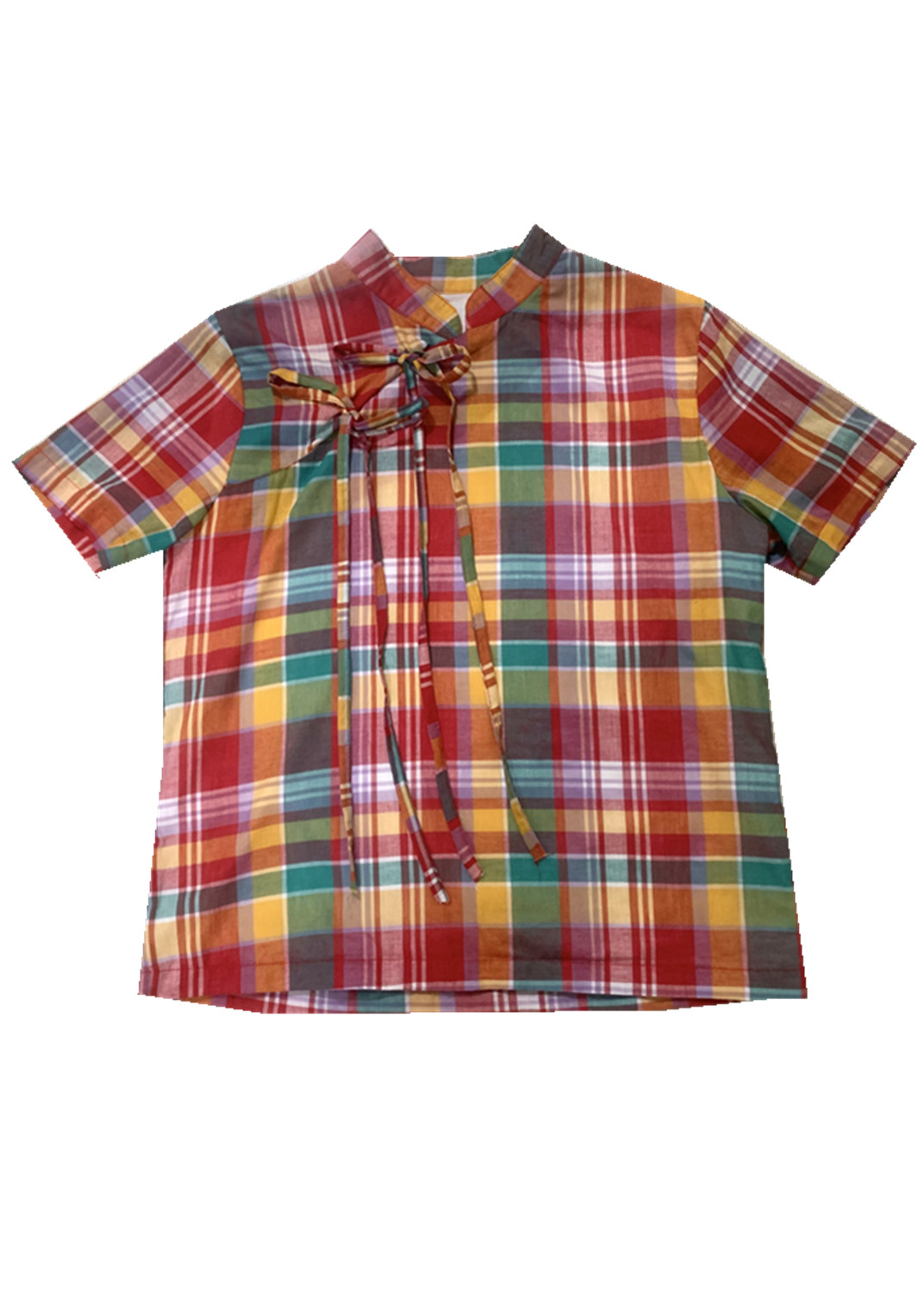FREAKGIRLS SHOWA CHECKERED GIRL BOW NEW CHINESE STYLE COTTON SHIRT + SLIT CHEONGSAM BUTTON SKIRT