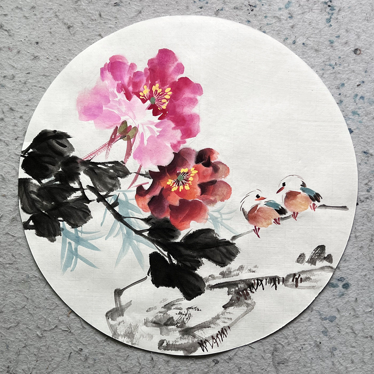 手绘圆形扇面牡丹新中式国画水墨画富贵玄关客厅无款挂画宣纸画芯