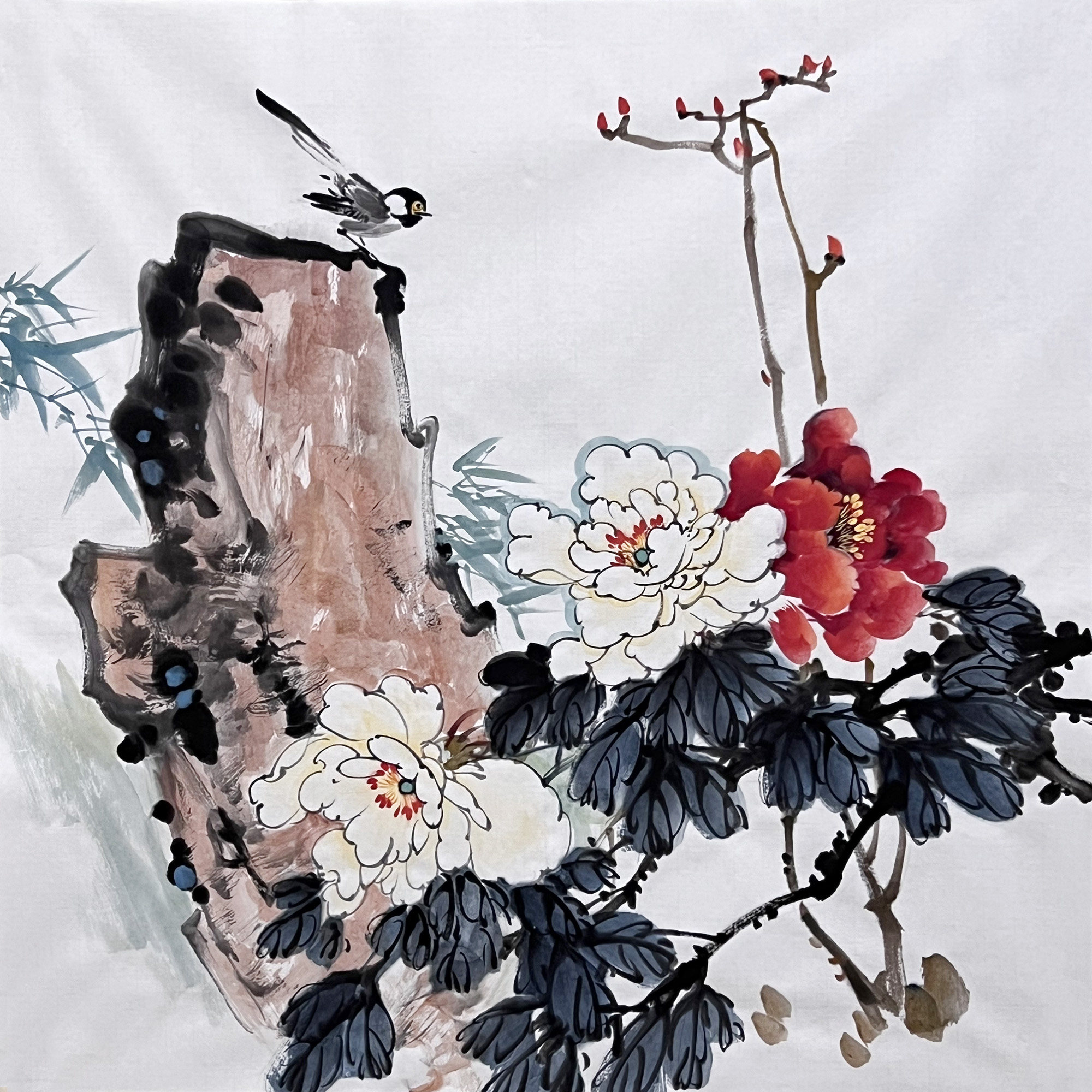 手绘牡丹国画写意花鸟画精品水墨画无款无印新装饰装饰画宣纸画芯